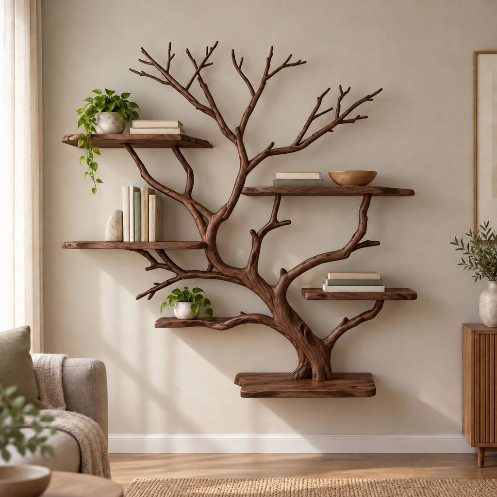 Branch Bookshelf, Solid Wood Driftwood Tree Wall-Mounted Book Display in Natural Oak