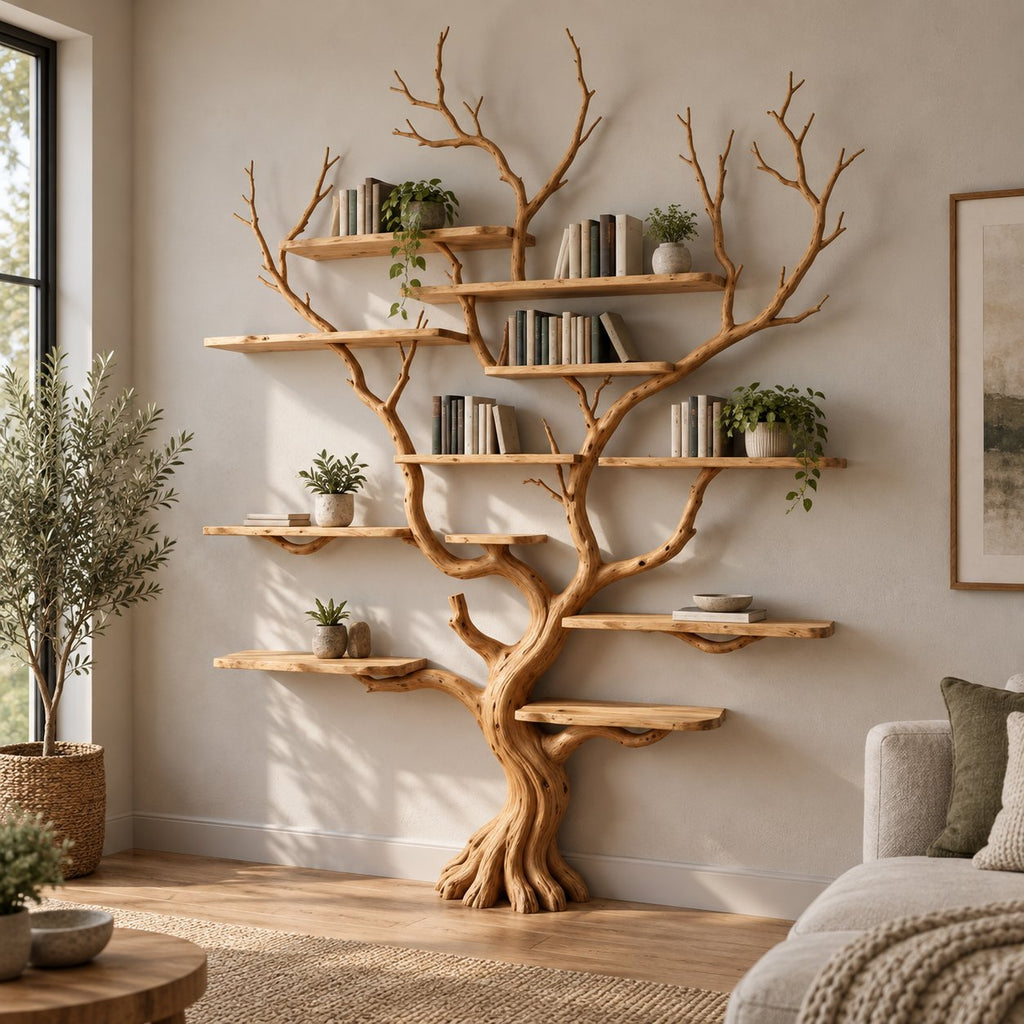 Branch Solid Wood Tree Bookshelf, Hand-Carved Walnut Live-Edge Wall Art Shelf for Living Room