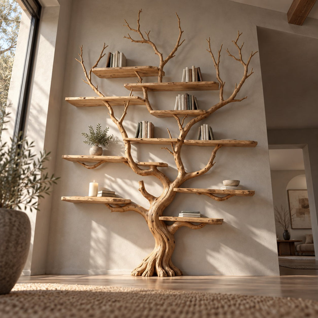 Branch Solid Wood Tree Bookshelf, Hand-Carved Walnut Live-Edge Wall Art Shelf for Living Room