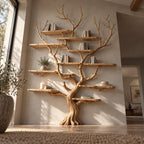 Branch Solid Wood Tree Bookshelf, Hand-Carved Walnut Live-Edge Wall Art Shelf for Living Room
