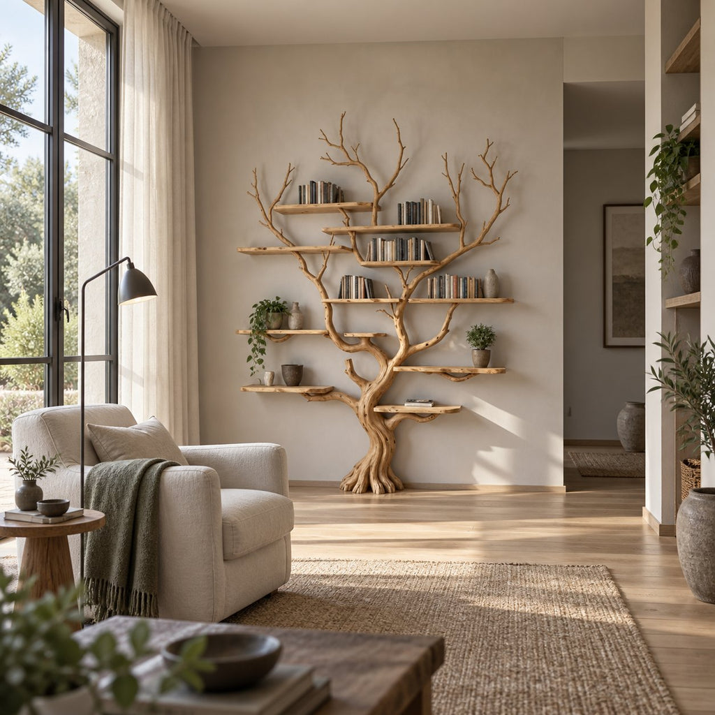 Branch Solid Wood Tree Bookshelf, Hand-Carved Walnut Live-Edge Wall Art Shelf for Living Room
