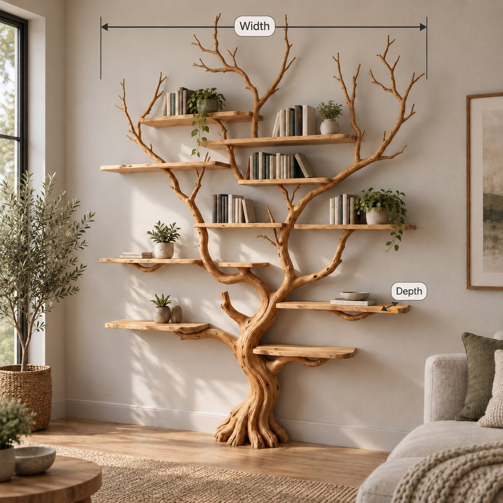 Branch Solid Wood Tree Bookshelf, Hand-Carved Walnut Live-Edge Wall Art Shelf for Living Room