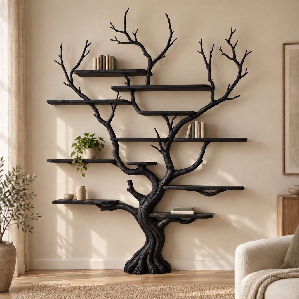 Branch Solid Wood Tree Bookshelf, Hand-Carved Walnut Live-Edge Wall Art Shelf for Living Room