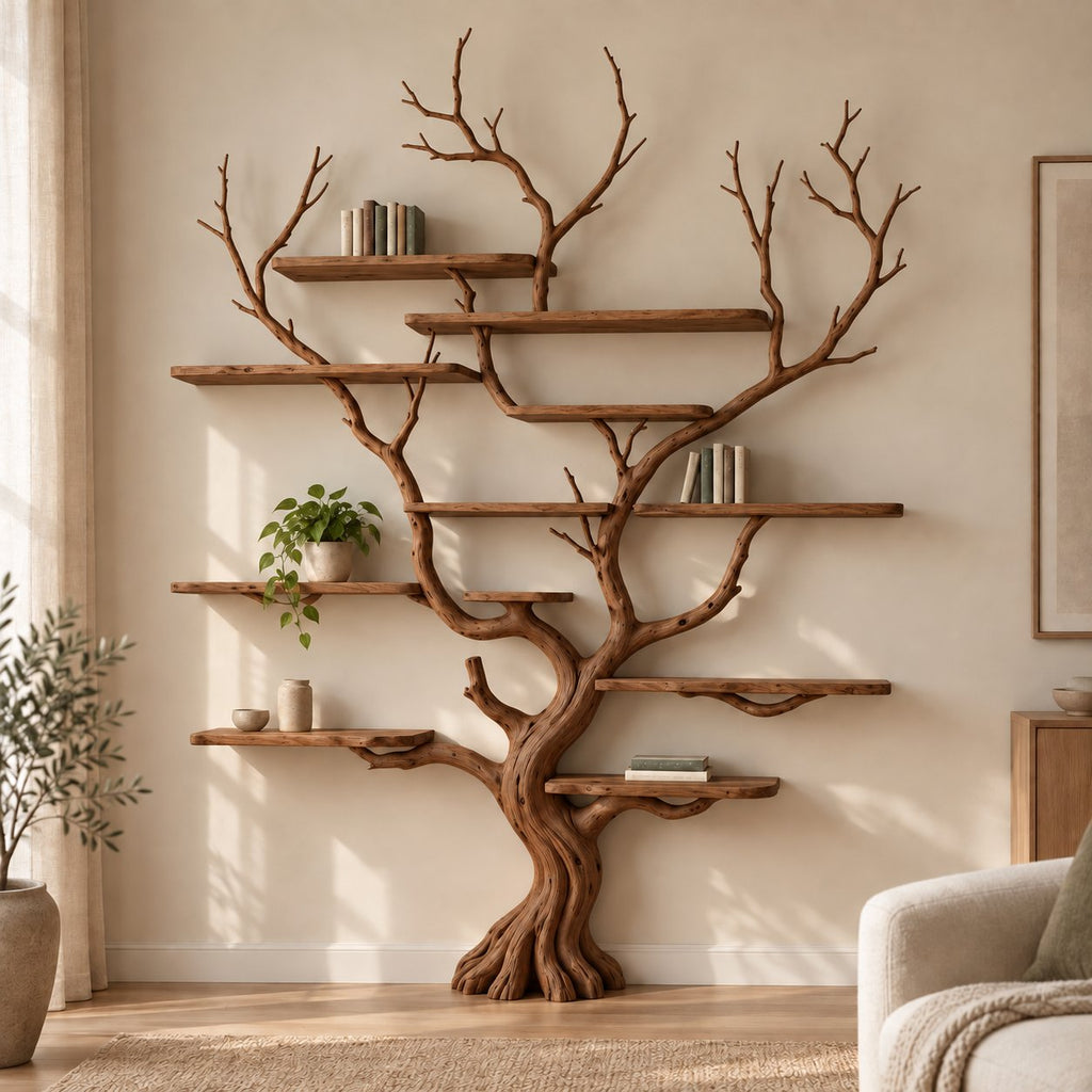 Branch Solid Wood Tree Bookshelf, Hand-Carved Walnut Live-Edge Wall Art Shelf for Living Room