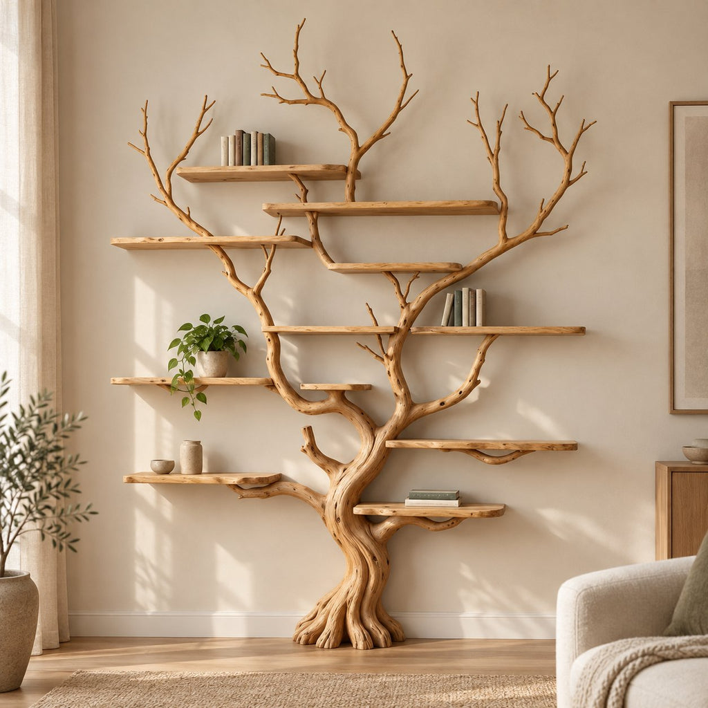 Branch Solid Wood Tree Bookshelf, Hand-Carved Walnut Live-Edge Wall Art Shelf for Living Room