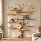 Branch Solid Wood Tree Bookshelf, Hand-Carved Walnut Live-Edge Wall Art Shelf for Living Room