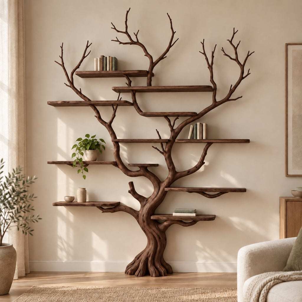Branch Solid Wood Tree Bookshelf, Hand-Carved Walnut Live-Edge Wall Art Shelf for Living Room