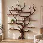 Branch Solid Wood Tree Bookshelf, Hand-Carved Walnut Live-Edge Wall Art Shelf for Living Room
