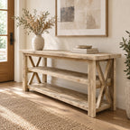 Reclaimed Solid Wood TV Stand, Weathered Gray Media Console with Chunky Posts & Open Shelves for Living Room