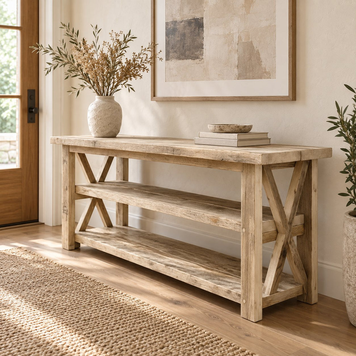 Reclaimed Solid Wood TV Stand, Weathered Gray Media Console with Chunky Posts & Open Shelves for Living Room