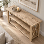 Reclaimed Solid Wood TV Stand, Weathered Gray Media Console with Chunky Posts & Open Shelves for Living Room