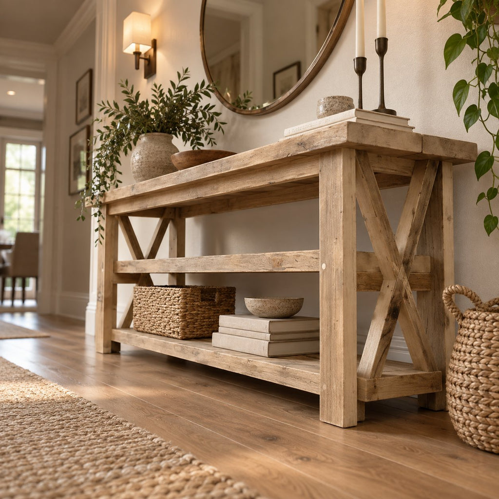 Reclaimed Solid Wood TV Stand, Weathered Gray Media Console with Chunky Posts & Open Shelves for Living Room