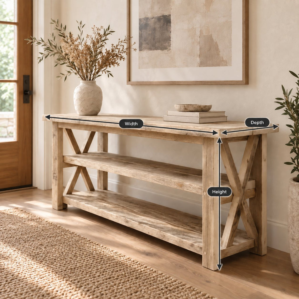 Reclaimed Solid Wood TV Stand, Weathered Gray Media Console with Chunky Posts & Open Shelves for Living Room