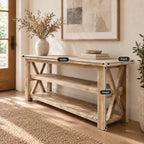 Reclaimed Solid Wood TV Stand, Weathered Gray Media Console with Chunky Posts & Open Shelves for Living Room