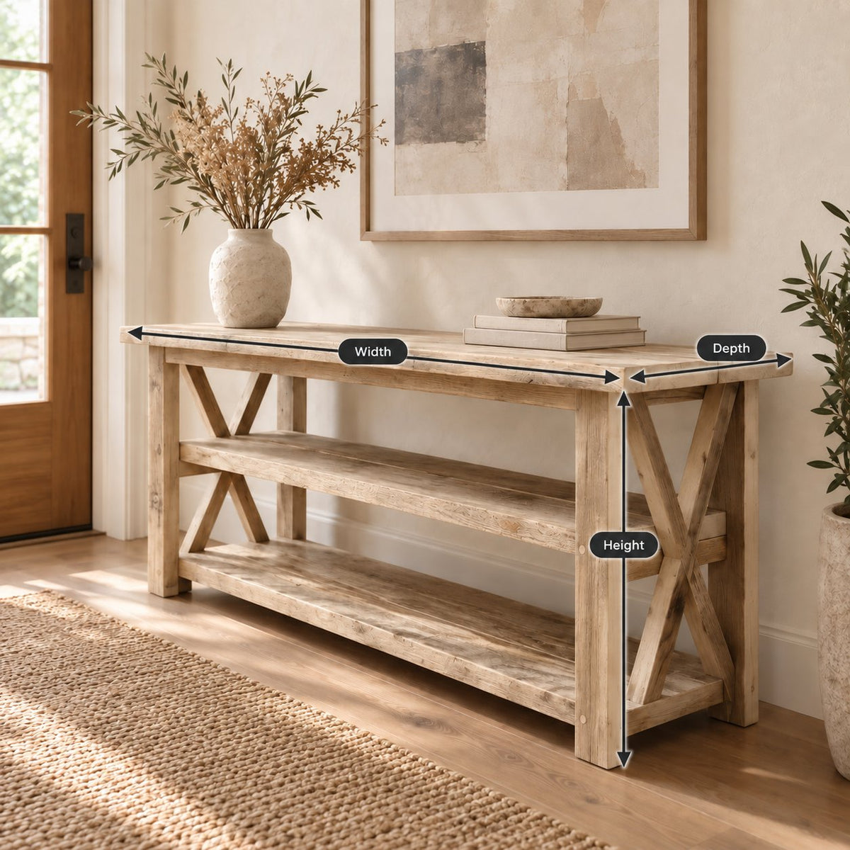 Reclaimed Solid Wood TV Stand, Weathered Gray Media Console with Chunky Posts & Open Shelves for Living Room