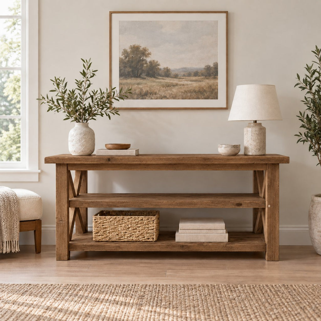 Reclaimed Solid Wood TV Stand, Weathered Gray Media Console with Chunky Posts & Open Shelves for Living Room