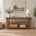 Reclaimed Solid Wood TV Stand, Weathered Gray Media Console with Chunky Posts & Open Shelves for Living Room