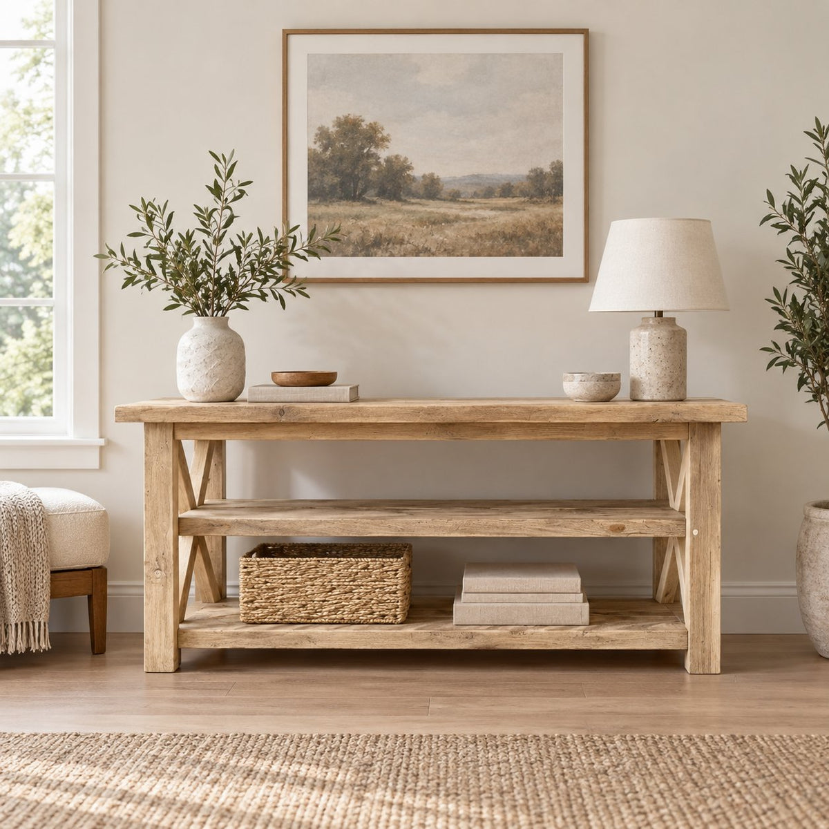 Reclaimed Solid Wood TV Stand, Weathered Gray Media Console with Chunky Posts & Open Shelves for Living Room
