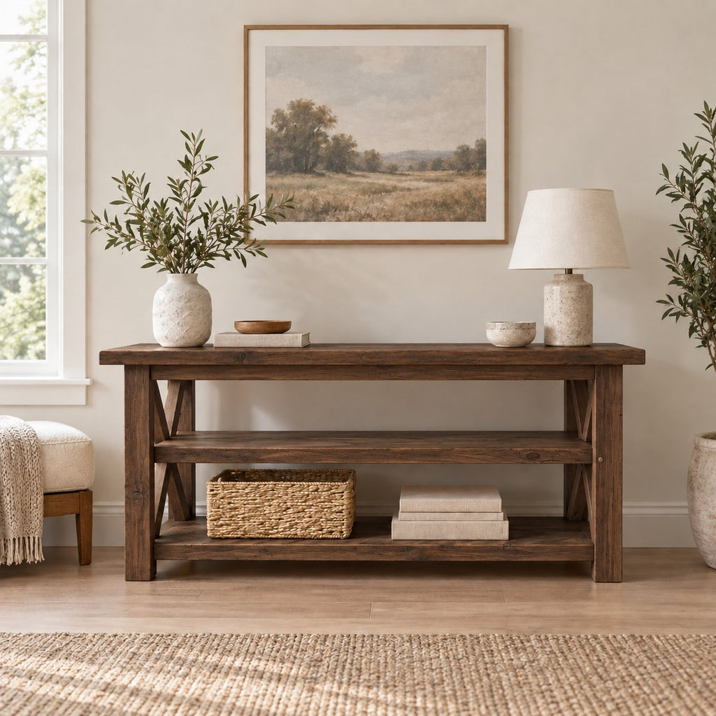 Reclaimed Solid Wood TV Stand, Weathered Gray Media Console with Chunky Posts & Open Shelves for Living Room
