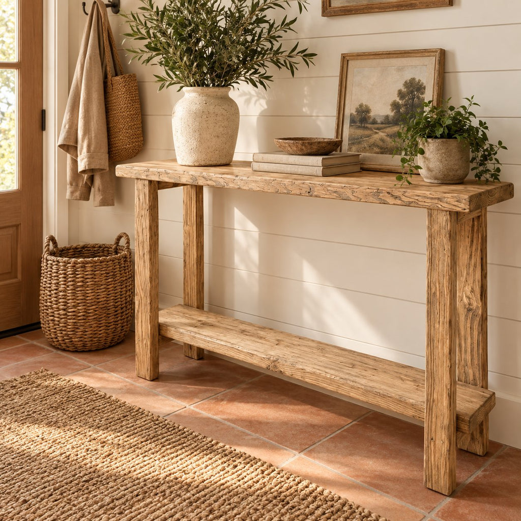 Slab-Top Solid Wood Entryway Console Table, Narrow Walnut-Tone Hallway Table with Lower Shelf