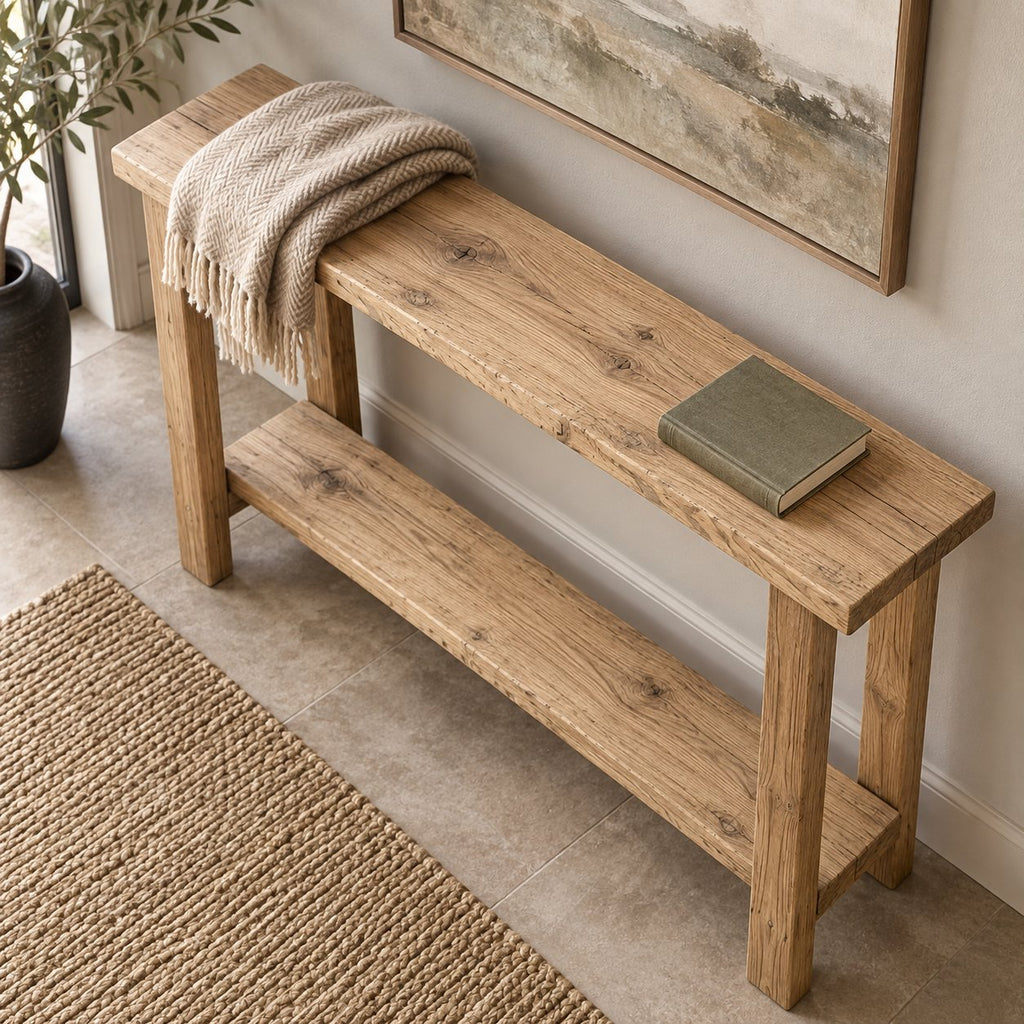 Slab-Top Solid Wood Entryway Console Table, Narrow Walnut-Tone Hallway Table with Lower Shelf