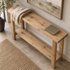 Slab-Top Solid Wood Entryway Console Table, Narrow Walnut-Tone Hallway Table with Lower Shelf