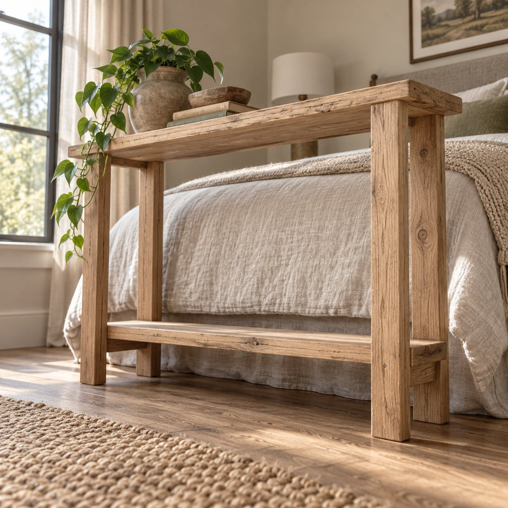 Slab-Top Solid Wood Entryway Console Table, Narrow Walnut-Tone Hallway Table with Lower Shelf