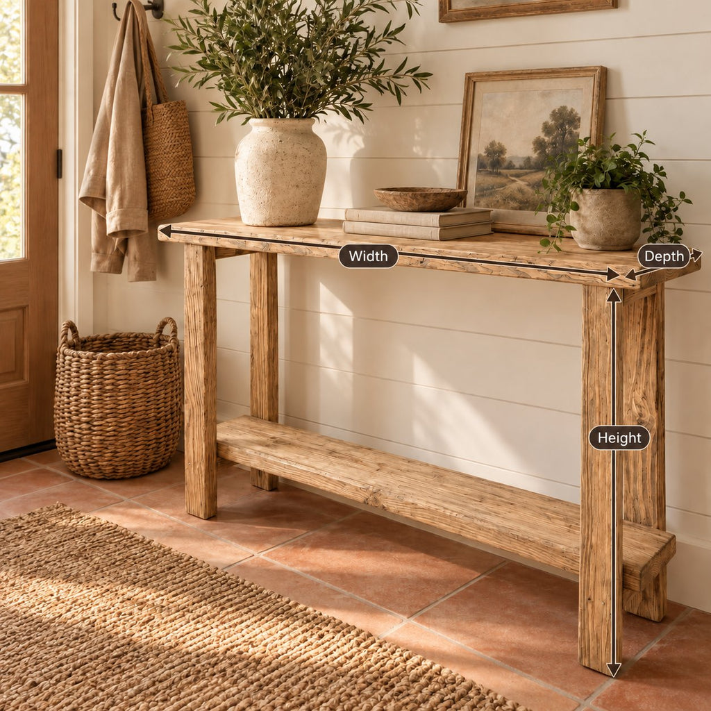 Slab-Top Solid Wood Entryway Console Table, Narrow Walnut-Tone Hallway Table with Lower Shelf