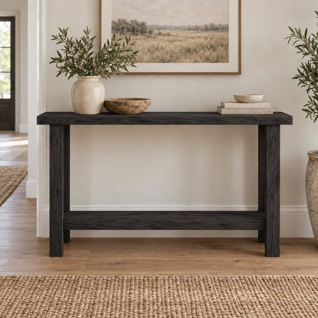 Slab-Top Solid Wood Entryway Console Table, Narrow Walnut-Tone Hallway Table with Lower Shelf