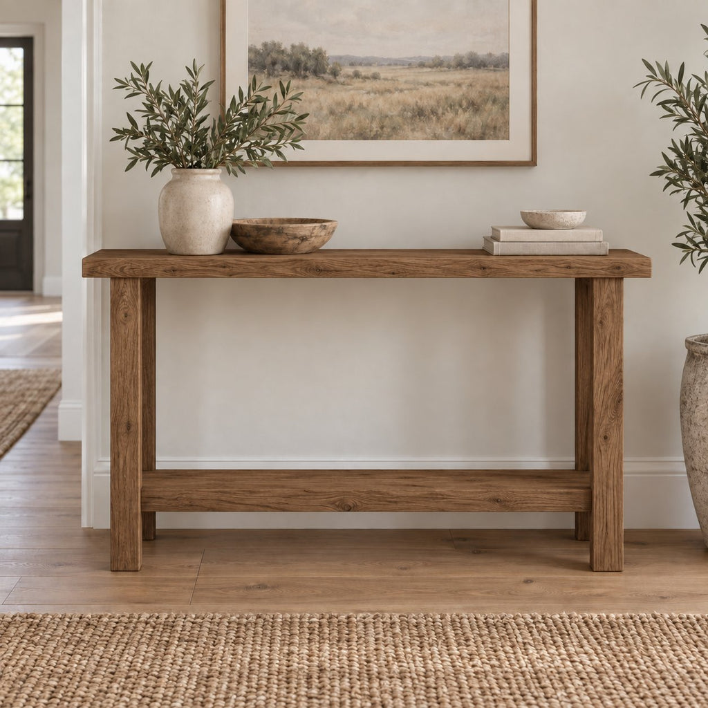 Slab-Top Solid Wood Entryway Console Table, Narrow Walnut-Tone Hallway Table with Lower Shelf