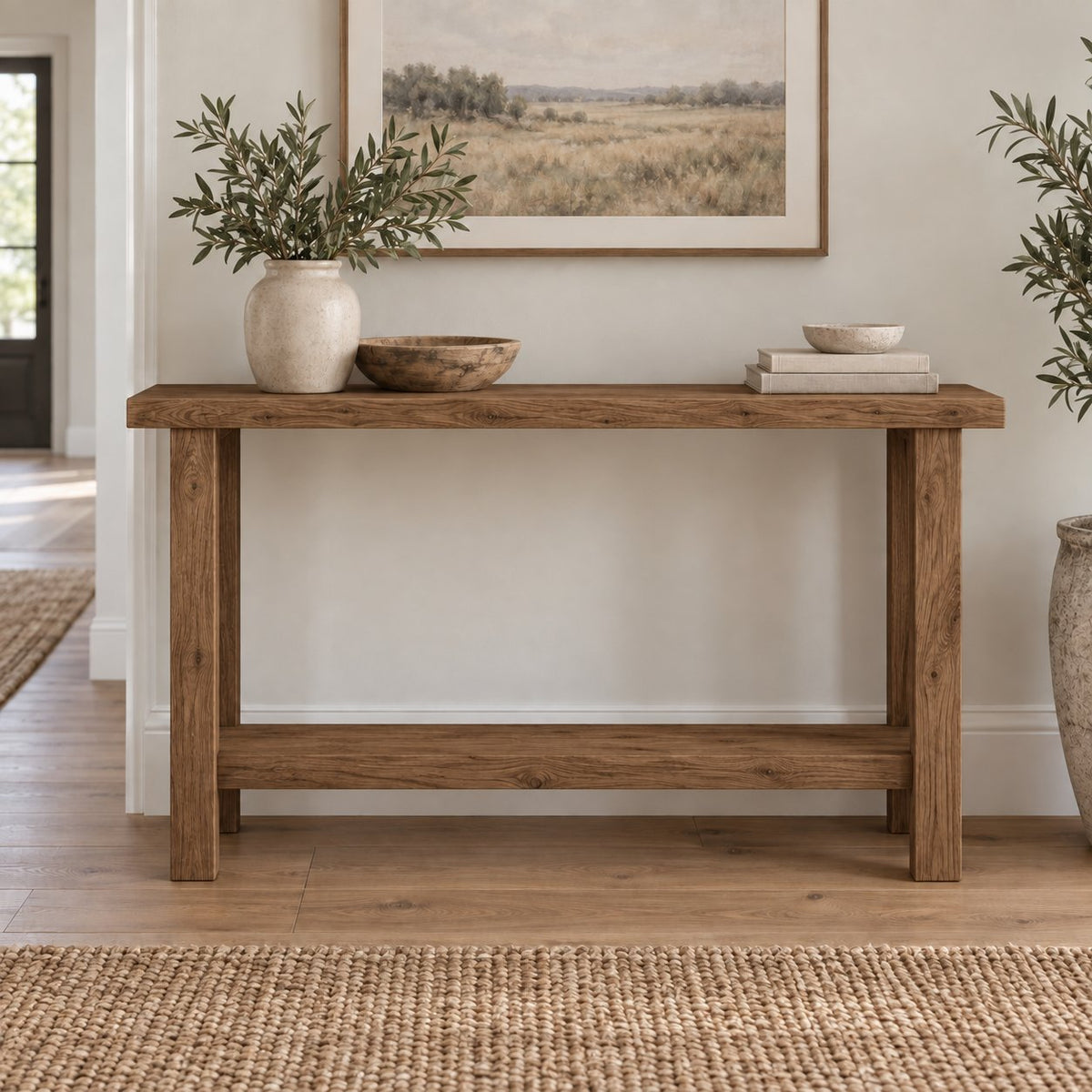 Slab-Top Solid Wood Entryway Console Table, Narrow Walnut-Tone Hallway Table with Lower Shelf