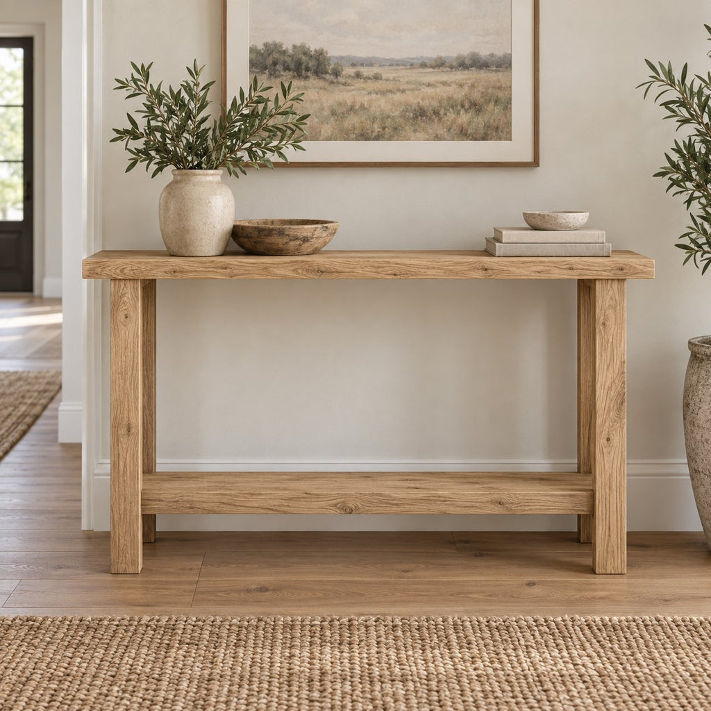 Slab-Top Solid Wood Entryway Console Table, Narrow Walnut-Tone Hallway Table with Lower Shelf