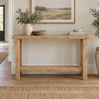 Slab-Top Solid Wood Entryway Console Table, Narrow Walnut-Tone Hallway Table with Lower Shelf