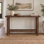 Slab-Top Solid Wood Entryway Console Table, Narrow Walnut-Tone Hallway Table with Lower Shelf