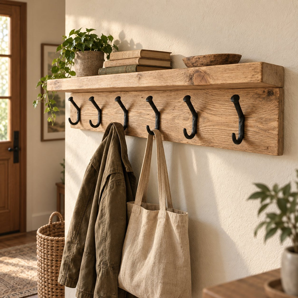 Wall-Mounted Solid Wood Coat Rack with Shelf, Rustic Iron Hooks for Entryway, Reclaimed Brown
