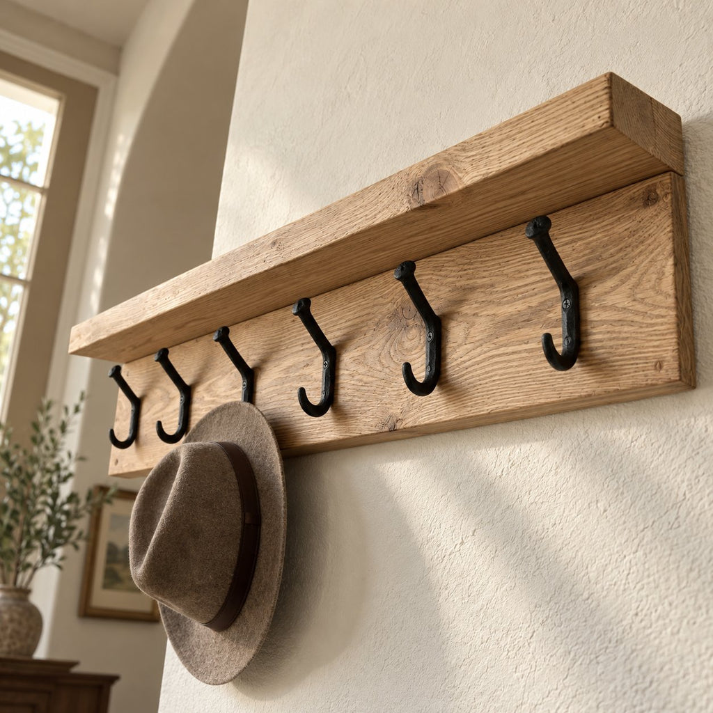 Wall-Mounted Solid Wood Coat Rack with Shelf, Rustic Iron Hooks for Entryway, Reclaimed Brown