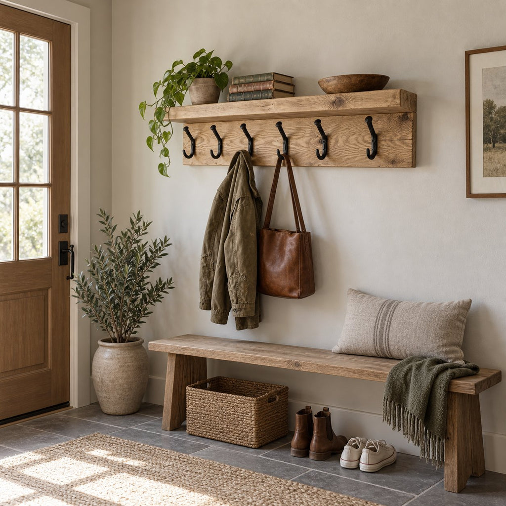 Wall-Mounted Solid Wood Coat Rack with Shelf, Rustic Iron Hooks for Entryway, Reclaimed Brown