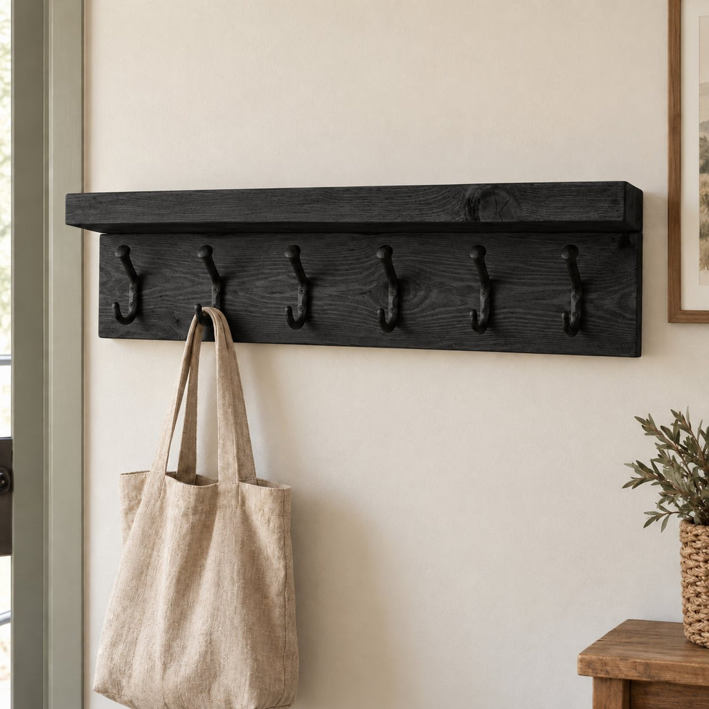 Wall-Mounted Solid Wood Coat Rack with Shelf, Rustic Iron Hooks for Entryway, Reclaimed Brown