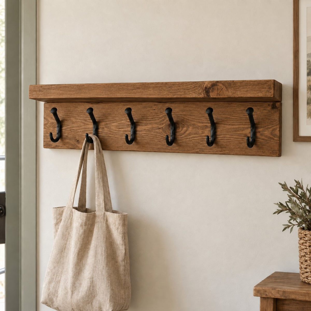 Wall-Mounted Solid Wood Coat Rack with Shelf, Rustic Iron Hooks for Entryway, Reclaimed Brown