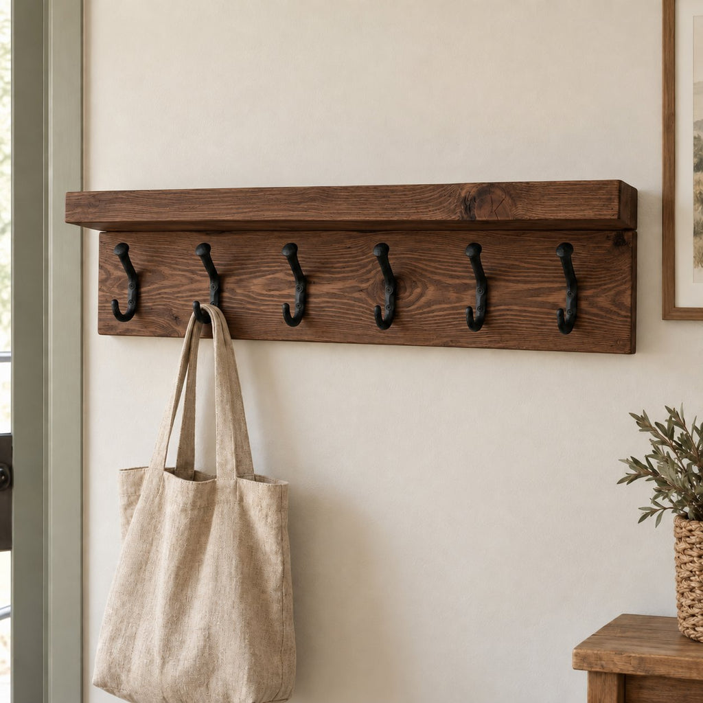 Wall-Mounted Solid Wood Coat Rack with Shelf, Rustic Iron Hooks for Entryway, Reclaimed Brown