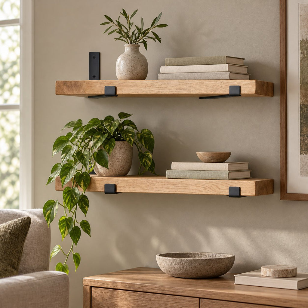 Reclaimed-Style Solid Wood Floating Shelf with Black Metal Brackets, Rustic Wall Storage