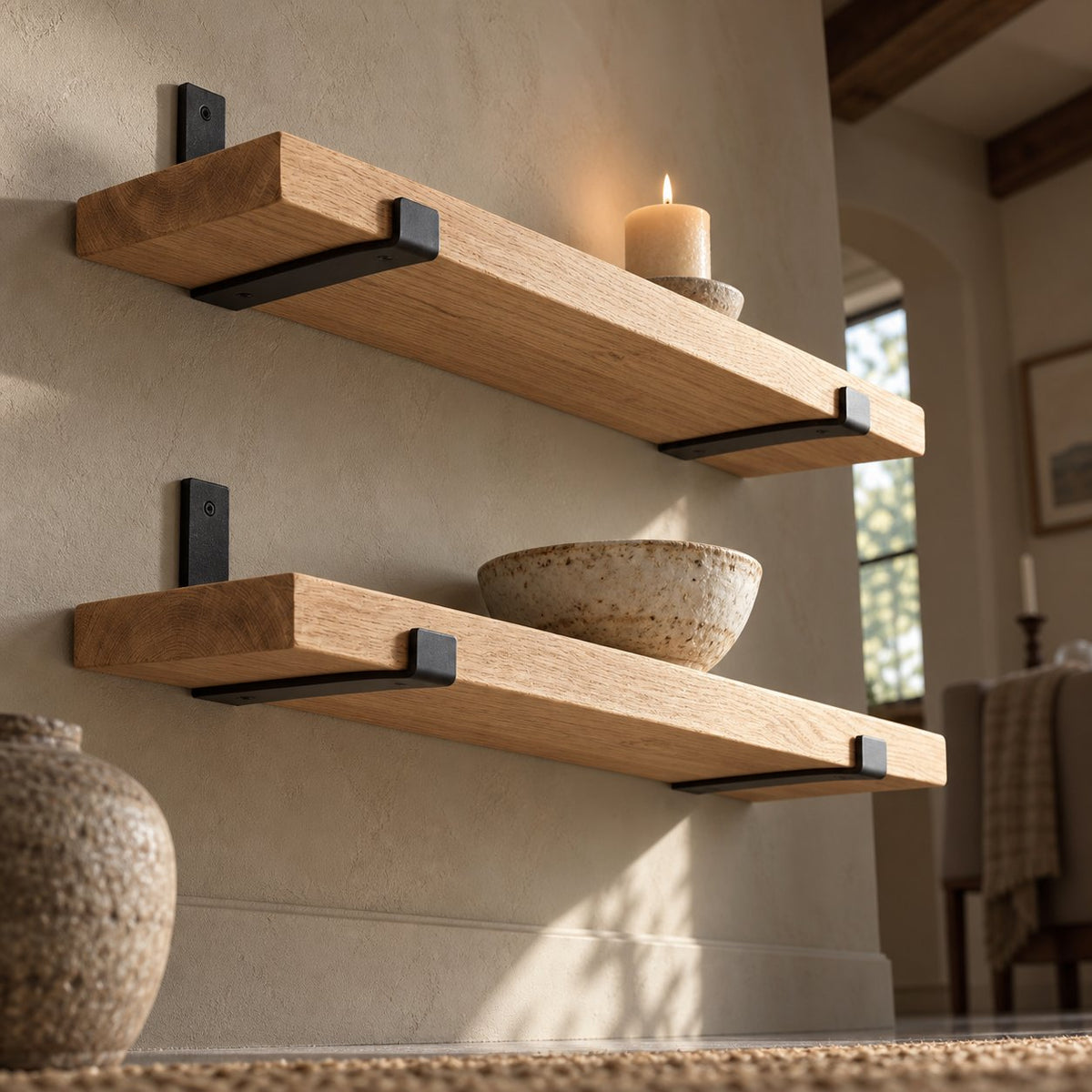 Reclaimed-Style Solid Wood Floating Shelf with Black Metal Brackets, Rustic Wall Storage