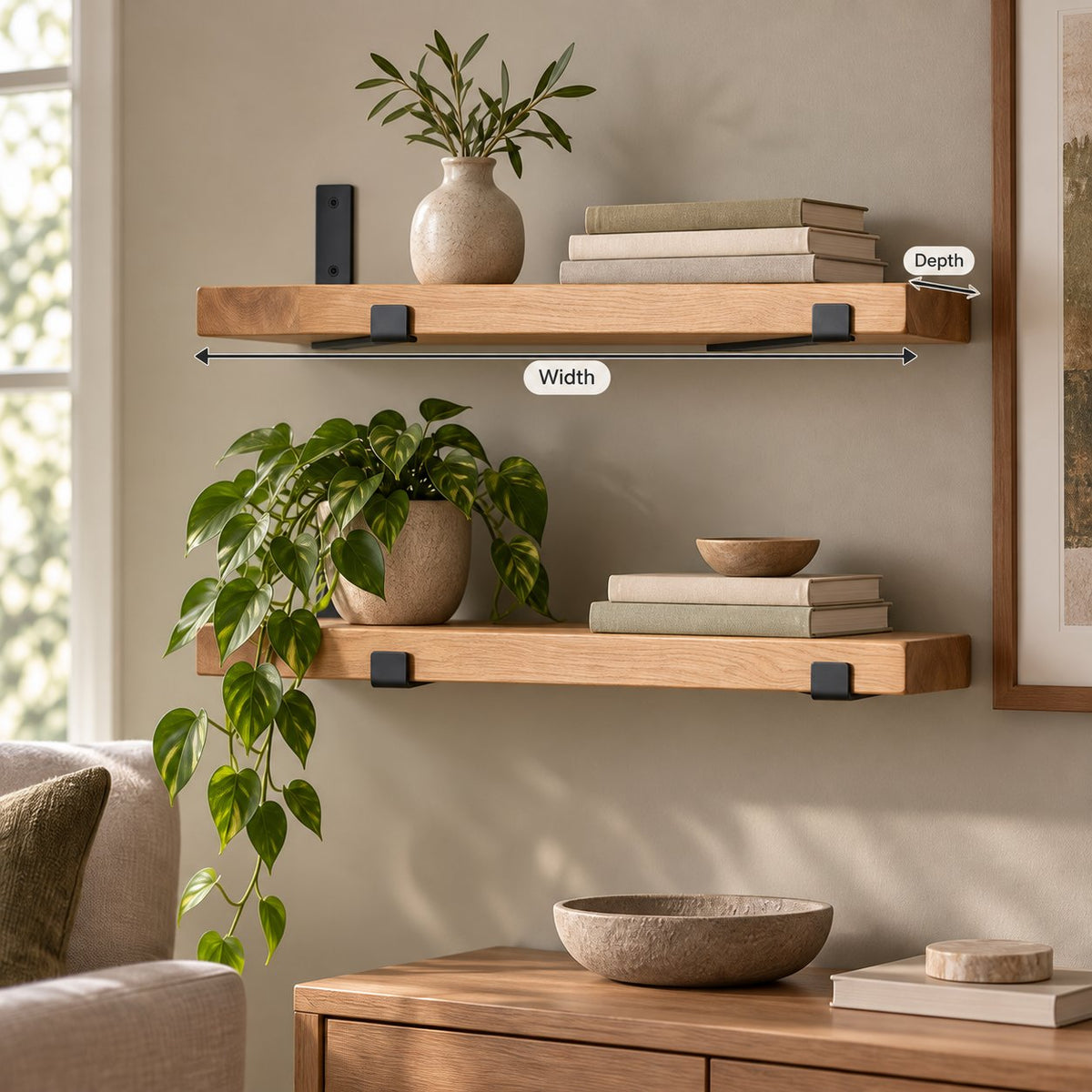 Reclaimed-Style Solid Wood Floating Shelf with Black Metal Brackets, Rustic Wall Storage