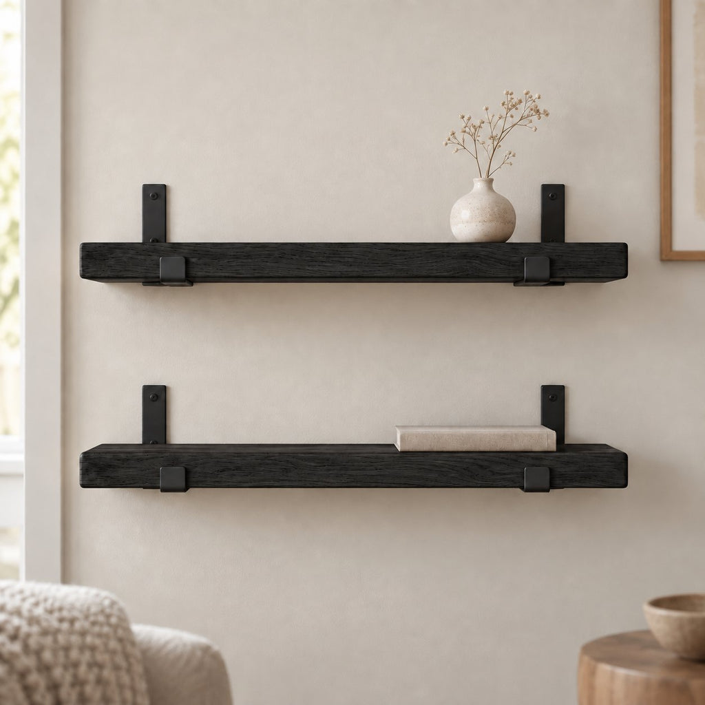 Reclaimed-Style Solid Wood Floating Shelf with Black Metal Brackets, Rustic Wall Storage