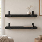 Reclaimed-Style Solid Wood Floating Shelf with Black Metal Brackets, Rustic Wall Storage