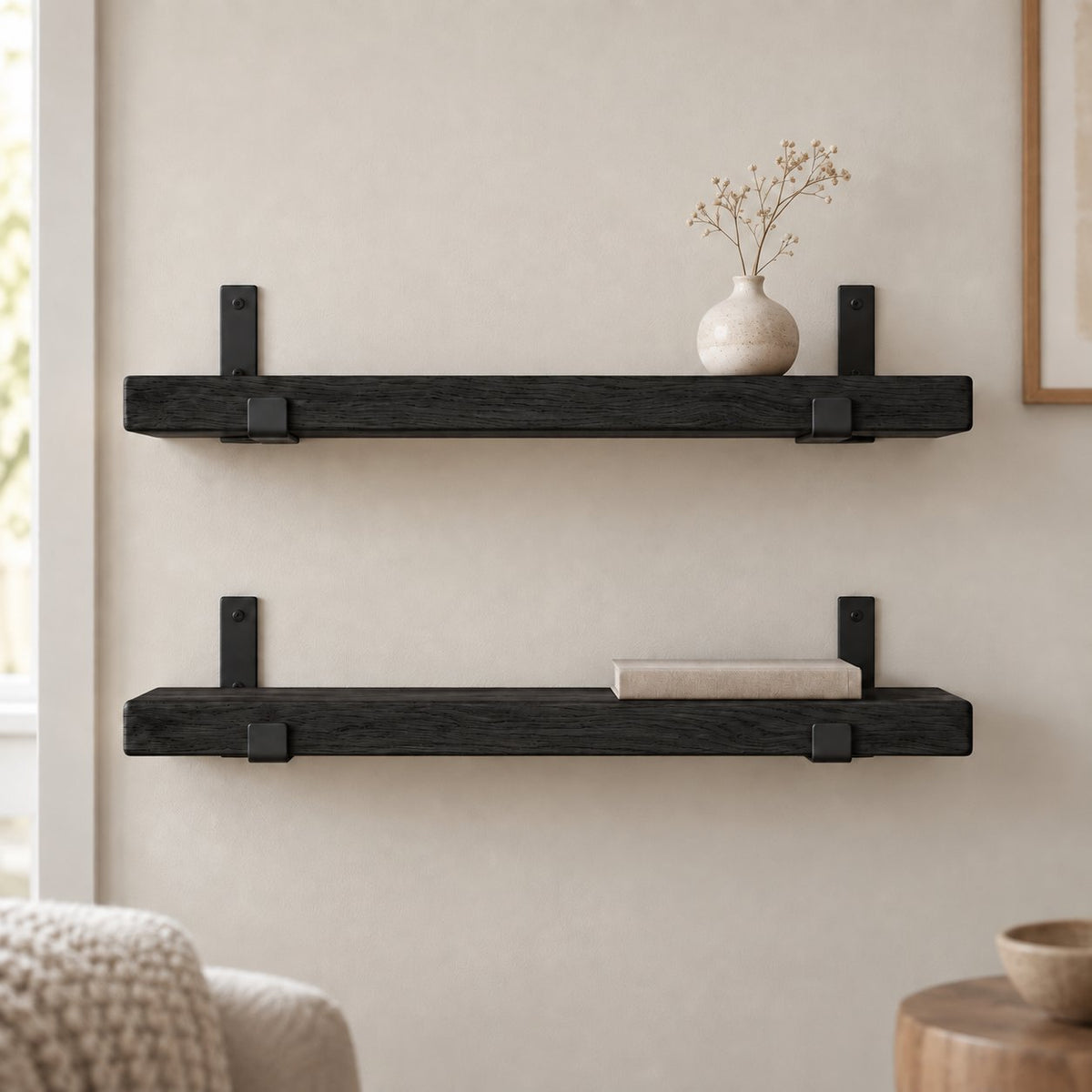 Reclaimed-Style Solid Wood Floating Shelf with Black Metal Brackets, Rustic Wall Storage