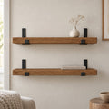 Reclaimed-Style Solid Wood Floating Shelf with Black Metal Brackets, Rustic Wall Storage