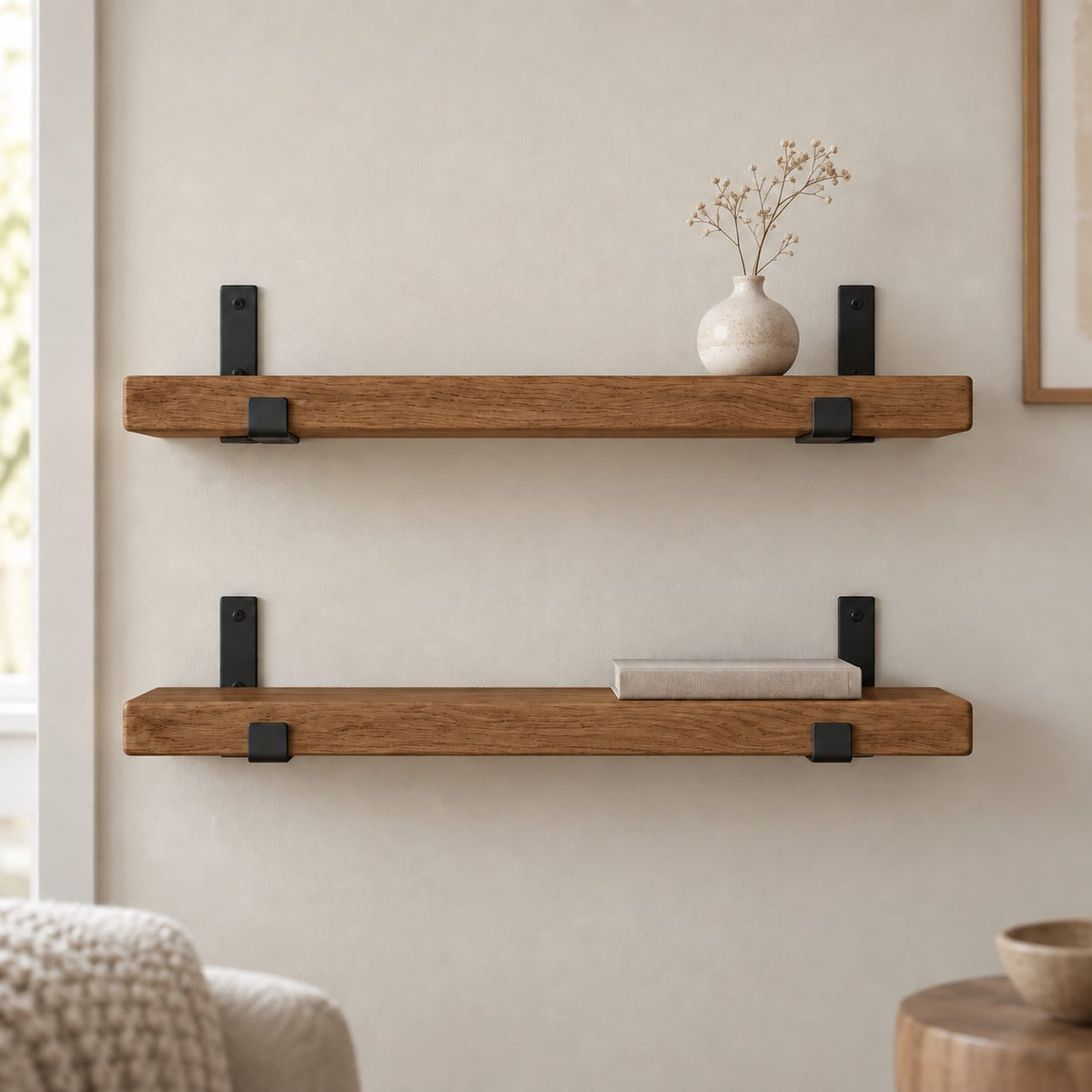 Reclaimed-Style Solid Wood Floating Shelf with Black Metal Brackets, Rustic Wall Storage