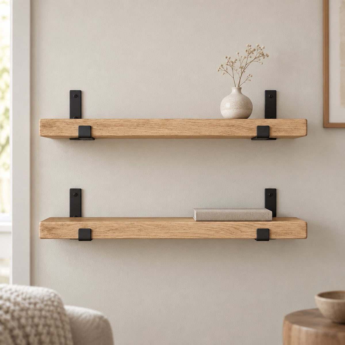 Reclaimed-Style Solid Wood Floating Shelf with Black Metal Brackets, Rustic Wall Storage