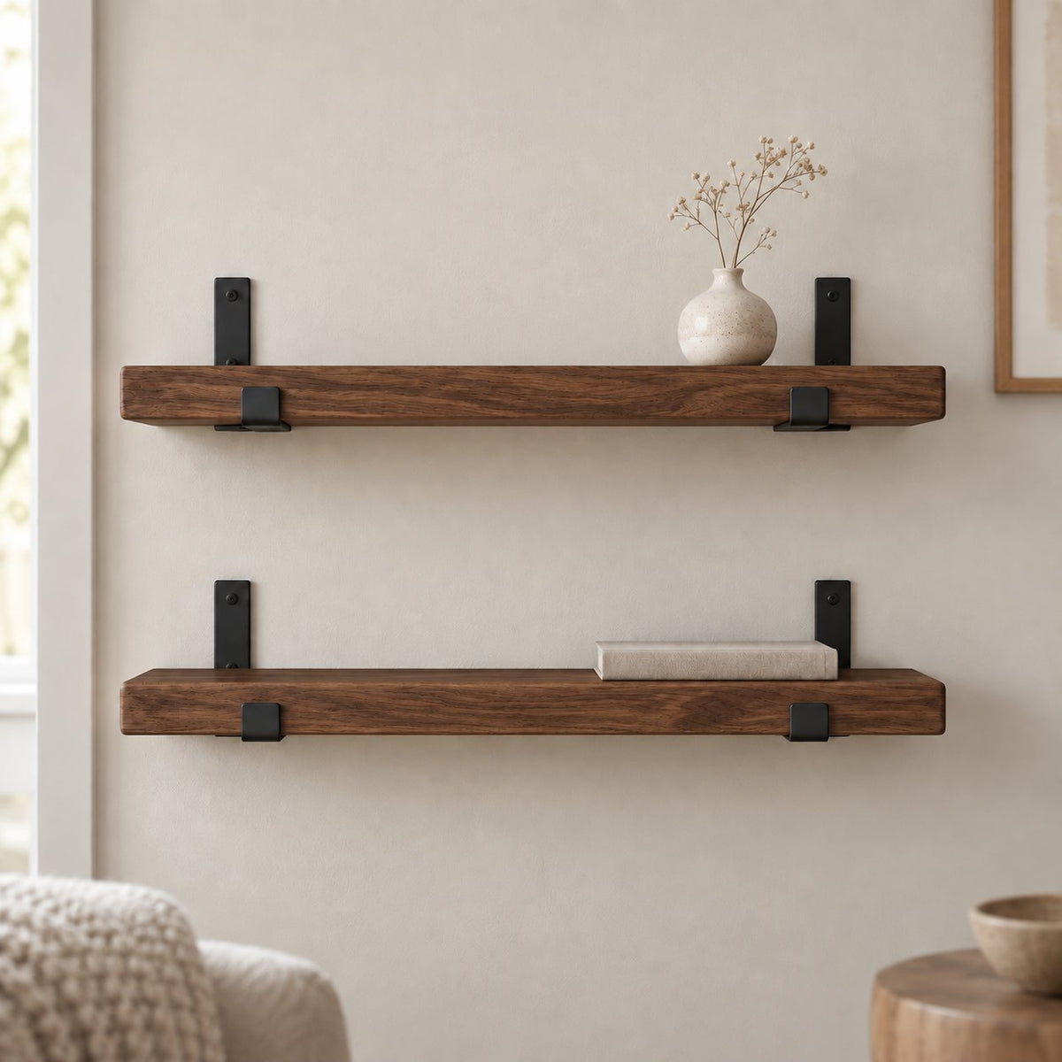 Reclaimed-Style Solid Wood Floating Shelf with Black Metal Brackets, Rustic Wall Storage